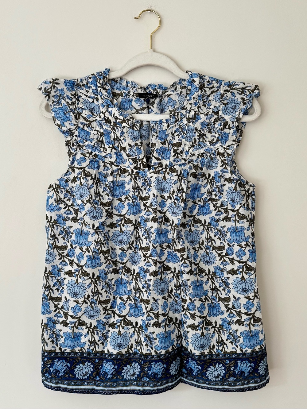 NWOT Talbots 100% Cotton Ruffle Cap Sleeve Tank Top, Blue & White Floral – Small